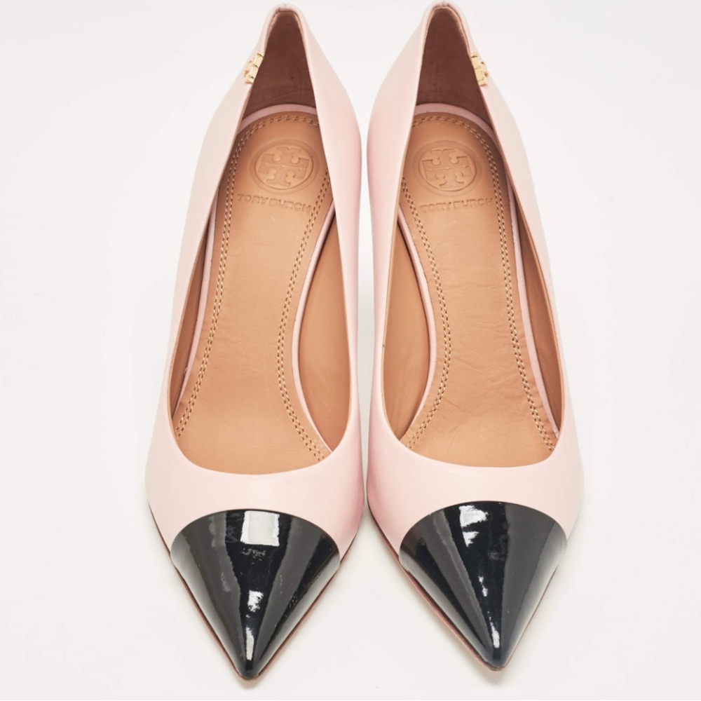 Tory Burch Pink and Black Pointed Toe Leather Flats